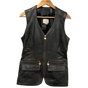 Vakko Zip Leather Hip Length Vest, Vintage, Black, M